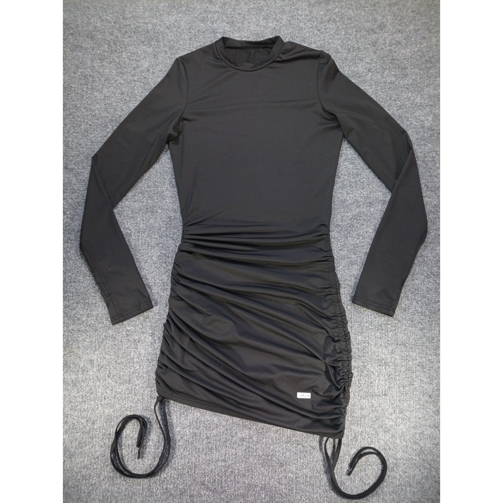 Women's Black Solid Mock Neck Long Sleeve Cutout Ruched Knit Bodycon Mini, M